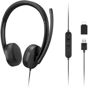 imageLenovo 115 USBAUSBC Wired Stereo Headset  Lightweight NoiseCancelling inLine Control Box USBA to USBC Adapter OverEar Design Headset with Mic for PC and Laptop Black